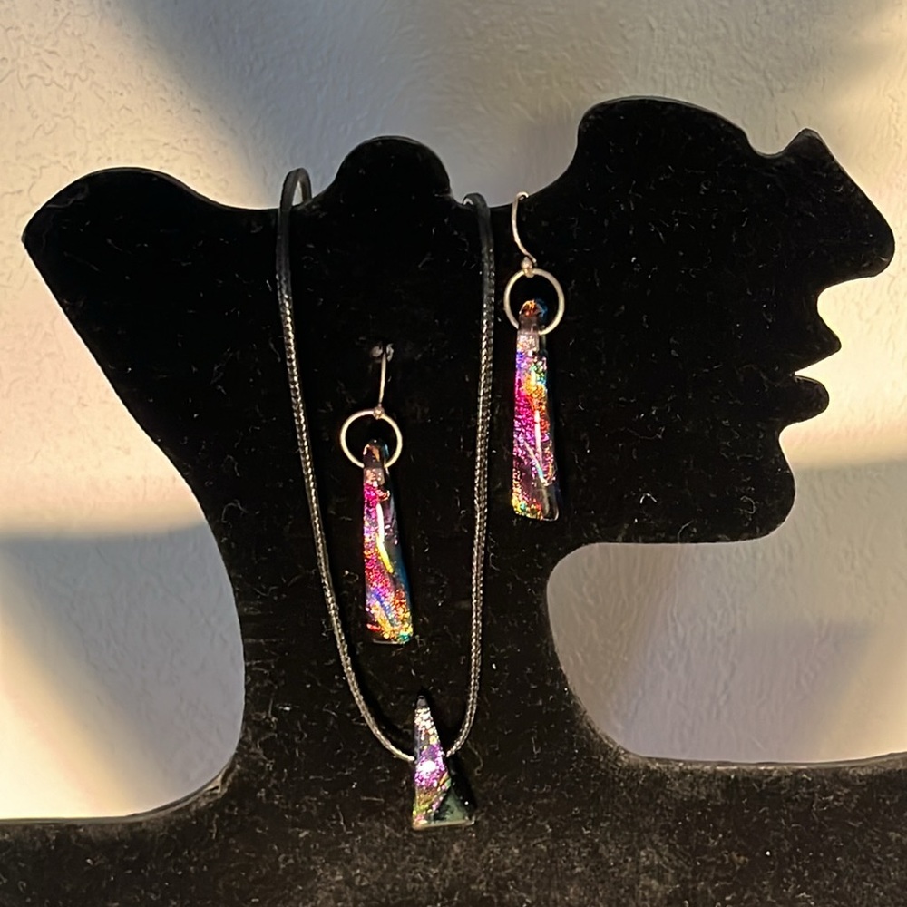 Multicolor Dichroic Glass Vintage earring & necklace pendant set